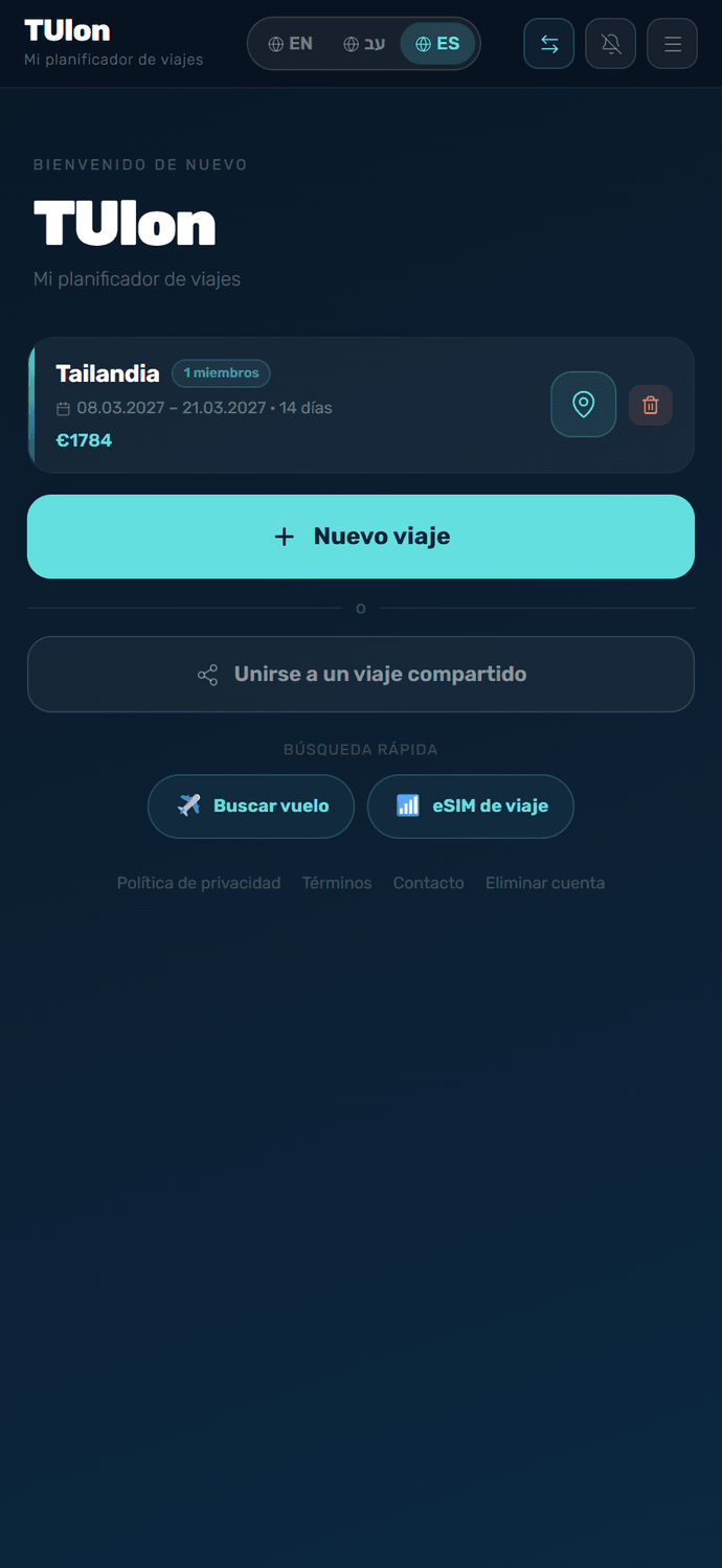 Pantalla de lista de viajes de TUlon
